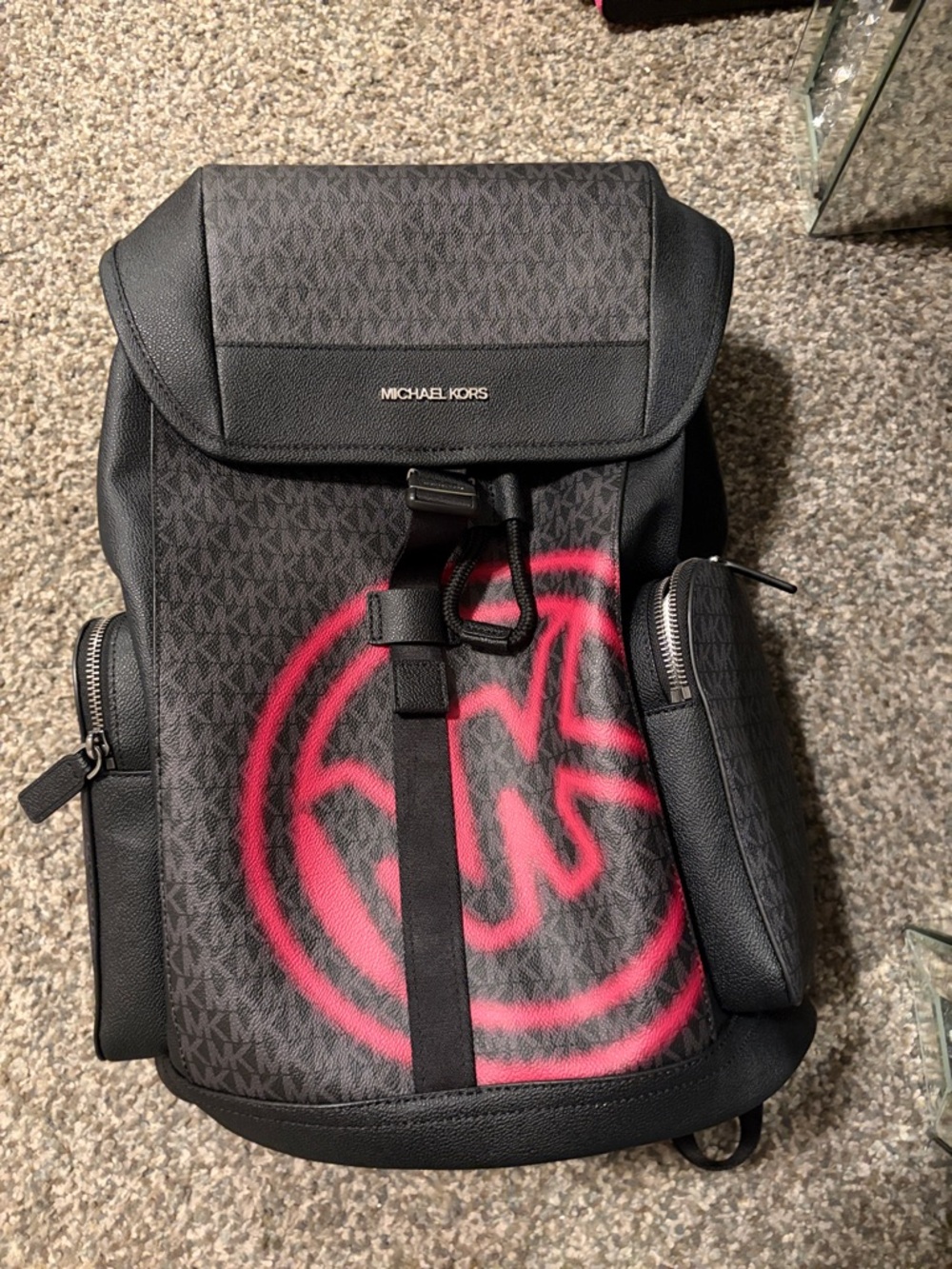 Michael Kors Black Backpack with Pink Logo Spray